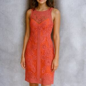 Sue Wong Soutache Lace Sheath Orange Cocktail Dress Size 2